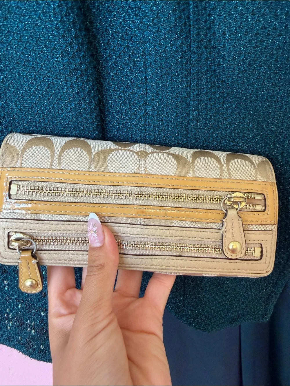 Coach Tan Signature Double-Zip Wallet with Leather Trim